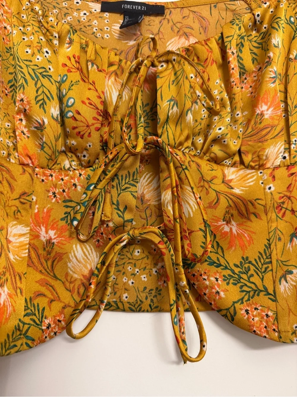 Forever 21 Mustard Floral Tie-Front Cropped Peasant Top